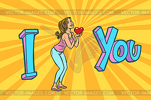 I love you. young woman with red heart Valentine - vector clipart