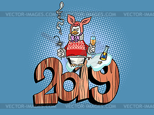 2019 Happy New Year Pig Costume Penguin Celebrates Royalty Free Vector Clipart