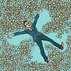 Businessman making snow angel money dollars lot - vector image