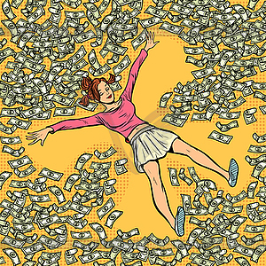 Young girl makes snow angel money dollars lot - vector image