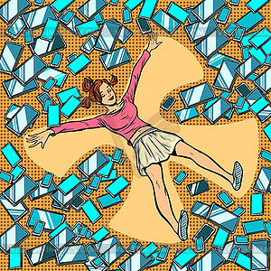 Young woman making snow angel in gadgets, phones an - vector clip art