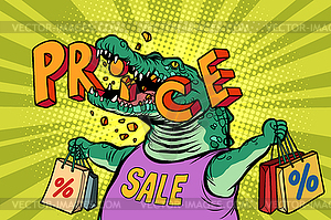 Discount prices sale green crocodile character - royalty-free vector clipart