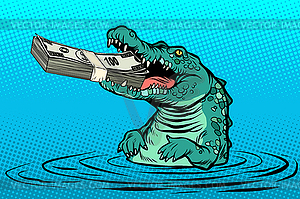 Green crocodile eats money - vector clipart