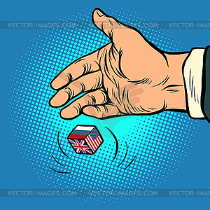 Policy choice USA Russia UK. hand throws dice - vector clipart