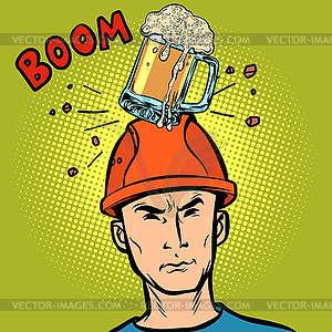 Beer fell on worker head - vector image