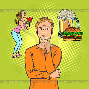 Man chooses between woman and beer - vector clipart