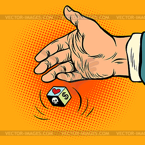 Choosing between love and money. hand throws dice - vector clipart