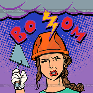 Woman builder lightning beats on head - vector clip art