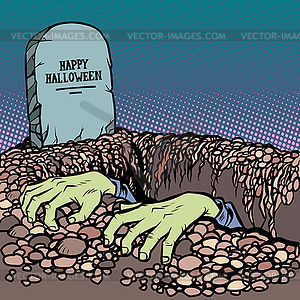 Zombie hands happy Halloween grave - vector image