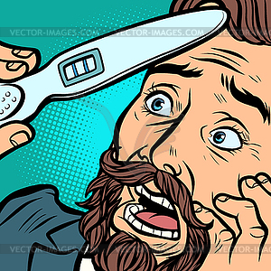 Pregnancy test. scared bearded hipster man husband - vector clipart