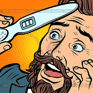 Pregnancy test. joyful bearded hipster man husband - stock vector clipart