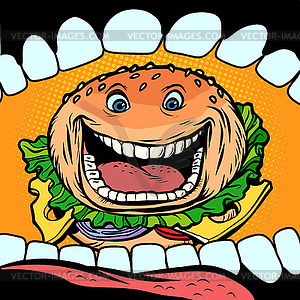 Burger goes in mouth - vector clipart