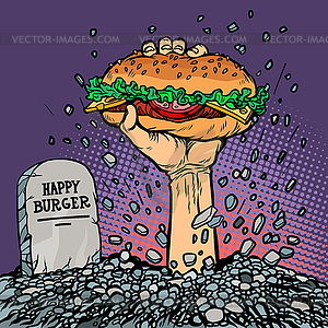 Happy Burger. fast food zombie in grave - vector clip art