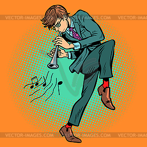 Man playing folk wind instrument - vector clip art