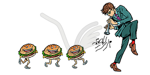 Burgers go for man with pipe horn - vector image