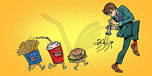 Fast food goes for man playing music - vector image