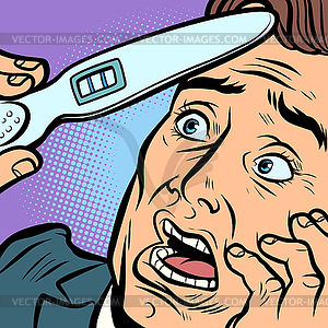 Pregnancy test. scared man husband father - vector image