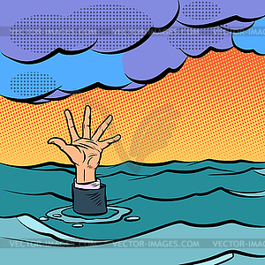 Hand sinking in sea - vector image