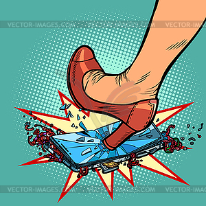 Woman heel smashes phone screen - vector clip art