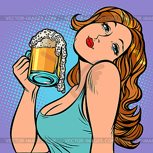 Woman with mug of beer in profile - vector clip art