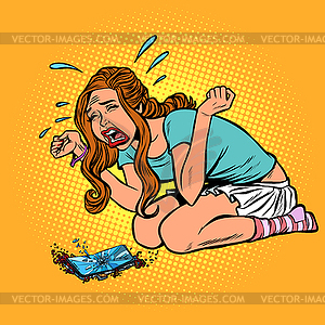 Broken phone woman crying hysterical, panic stress - vector clipart