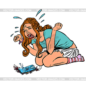 Девушка и сломанный телефон, плача, крича - изображение в векторном виде