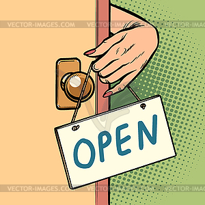 Open woman hand hangs sign on door - vector image