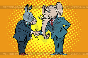 Donkey shakes elephant hand. Democrats Republicans - vector clip art