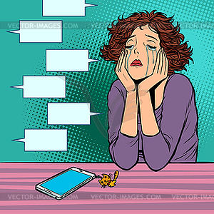 Zero messages in messenger. lonely unhappy woman - vector image