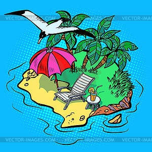 Тропический остров туристический курорт пляжный шезлонг - графика в векторном формате