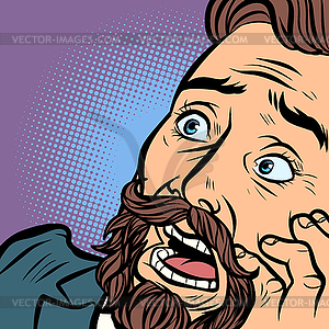 Scared bearded hipster man, fear and horror. face - vector clipart