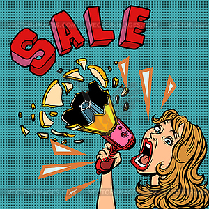Sale woman with megaphone advertising announcement - vector clipart