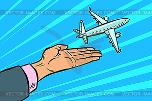 Самолет взлетает из рук. полет путешествия туризм - изображение в векторном виде