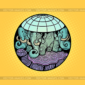 Disc planet earth rests on an elephant, and turtle - vector image