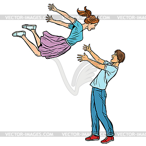 Love and romance couple hugs meeting, girl flies - vector clip art