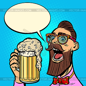 Hipster drinking mug of beer - vector image