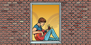 Young man playing acoustic guitar, sitting in window - royalty-free vector image