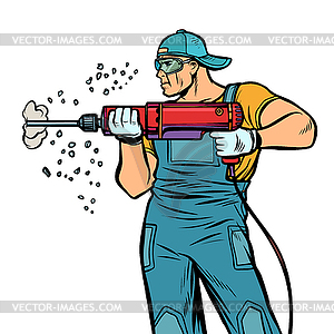 Man Builder worker drills puncher wall - vector clipart