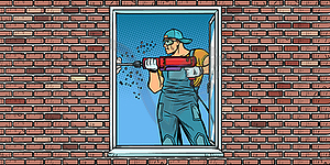 Worker installs window, drilling wall - vector image
