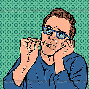 Man picks toothpick in his teeth - vector image