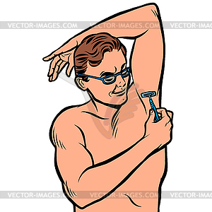 Man shaves his armpit with razor. isolate - vector clipart