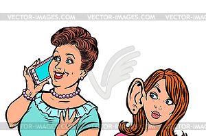 Woman eavesdropping on telephone communication - vector clipart