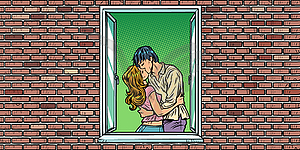 Любящая пара мужчина и женщина целуются в окно - стоковый клипарт