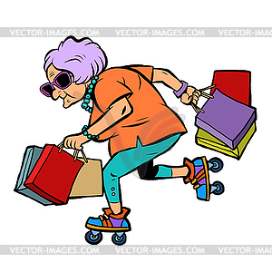 Active sports old lady with shopping - vector clipart