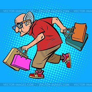 Modern old man with shopping - vector image