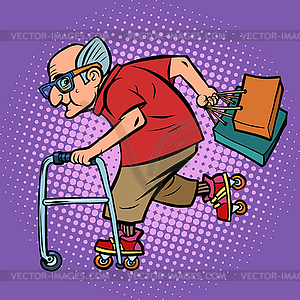 Active sports old man with shopping - vector image