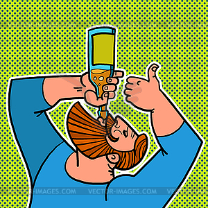 Bearded man drinking bottle of water - vector image