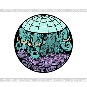 Disc planet earth rests on an elephant, and turtle - vector EPS clipart