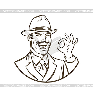 Retro businessman OK gesture - vector clipart