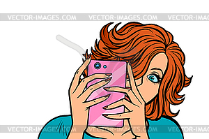 Woman taking pictures with smartphone - vector clip art